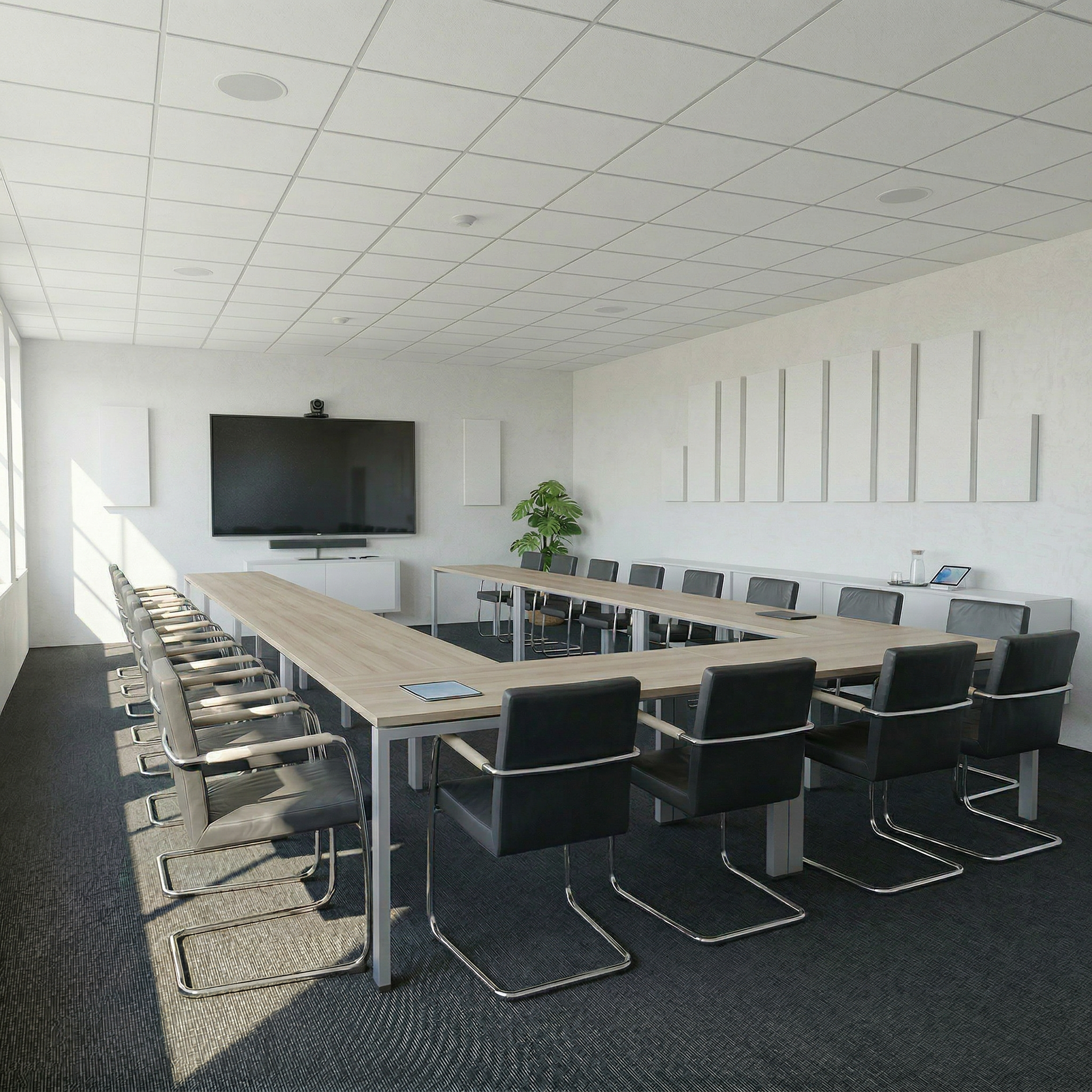 Meeting- und Konferenzraum für bis zu 15 Personen inkl. Konferenztechnik, Monitor, Lautsprechern und Kamera