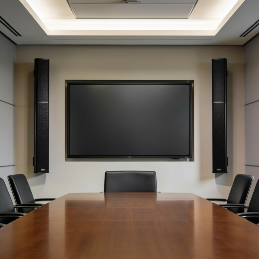 Meetingraum mit Display und Monitor sowie modernen Lautsprechern