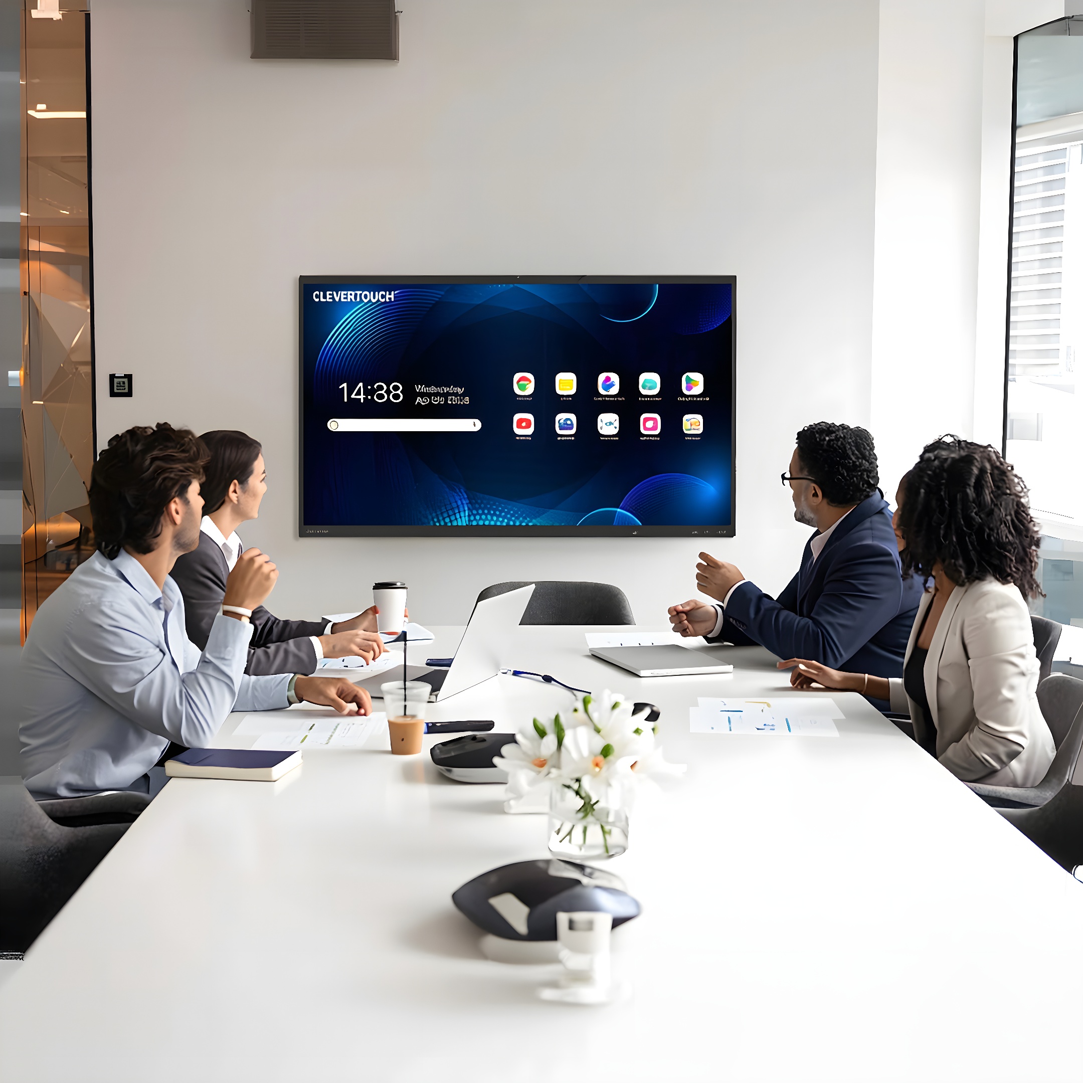 Firmenmeeting in einem Konferenzraum mit vier Menschen, die auf einen großen Monitor/Display schauen
